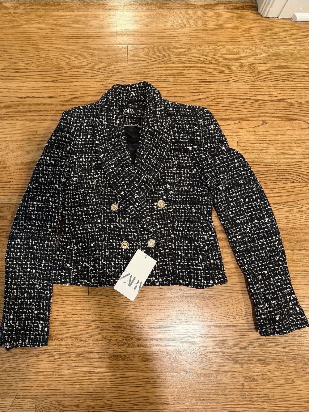 Zara Black & White Tweed Double-Breasted Cropped Blazer